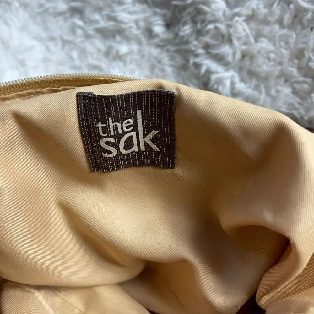 The SAK Crochet Sand,gray &khaki bucket style shoulder bag braided brown straps
